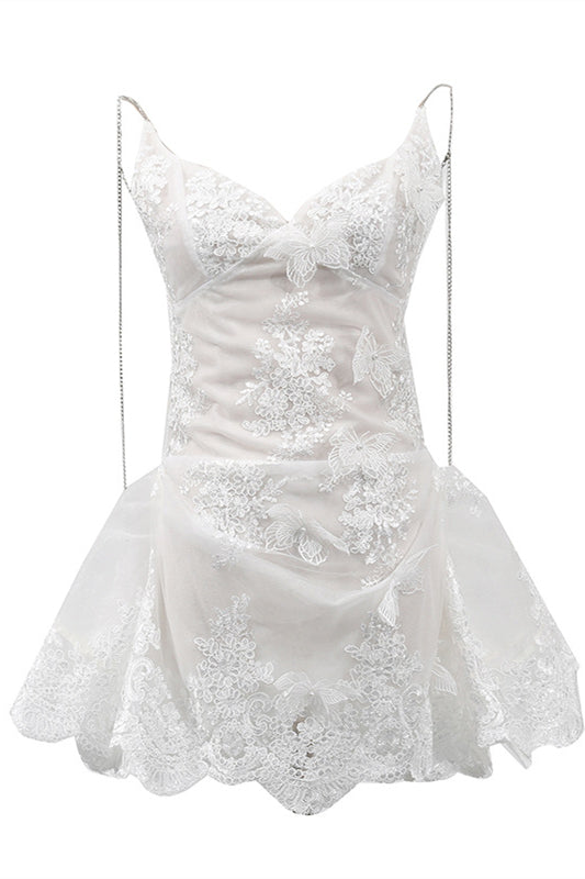 V-neck White Appliques Irregular Hem Mini Dress