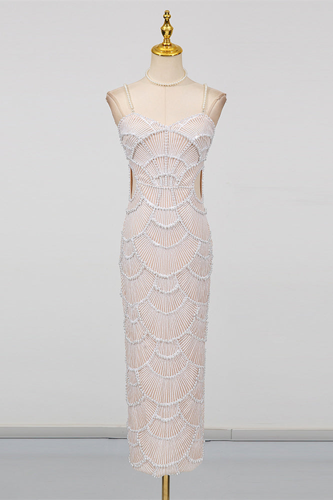 V-neck White Sequin Sheath Long Dress with Pearls