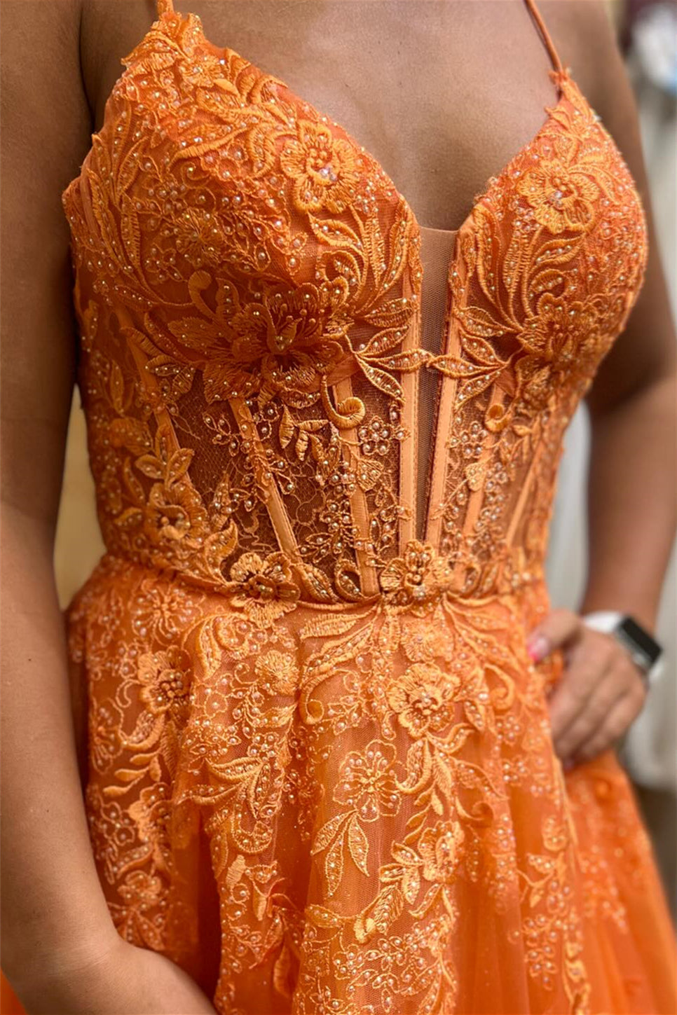 V-neck Yellow Appliques A-line Tulle Long Dress