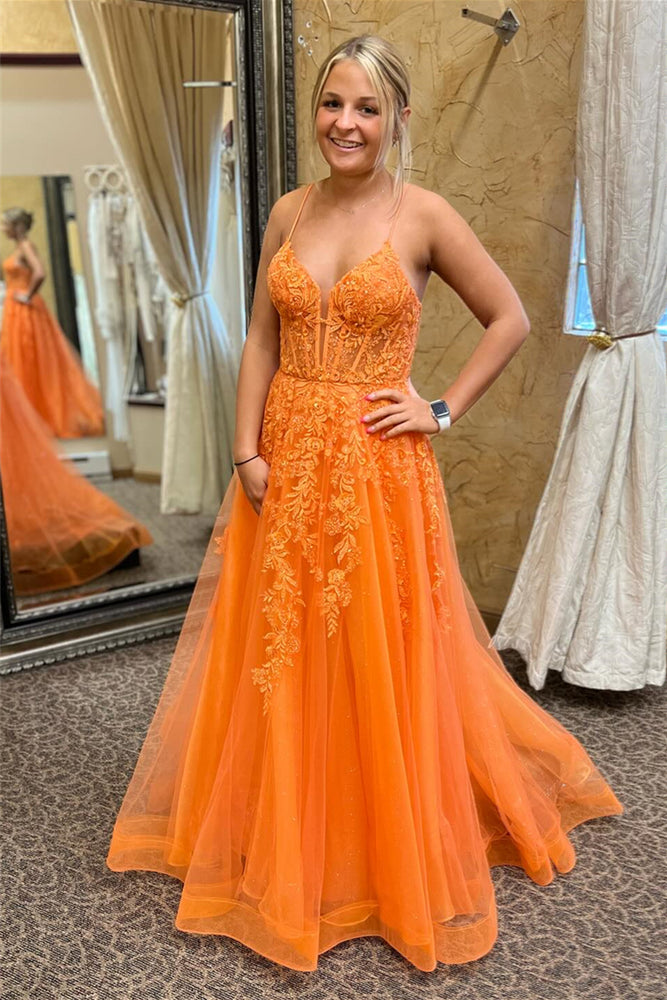 
                      
                        V-neck Yellow Appliques A-line Tulle Long Dress
                      
                    
