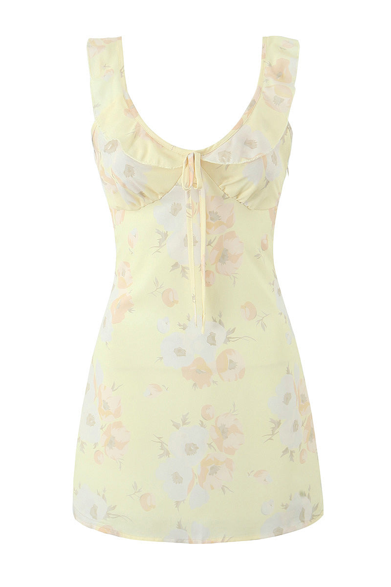 V-neck Yellow Floral Print Ruffled Hem Short Dress