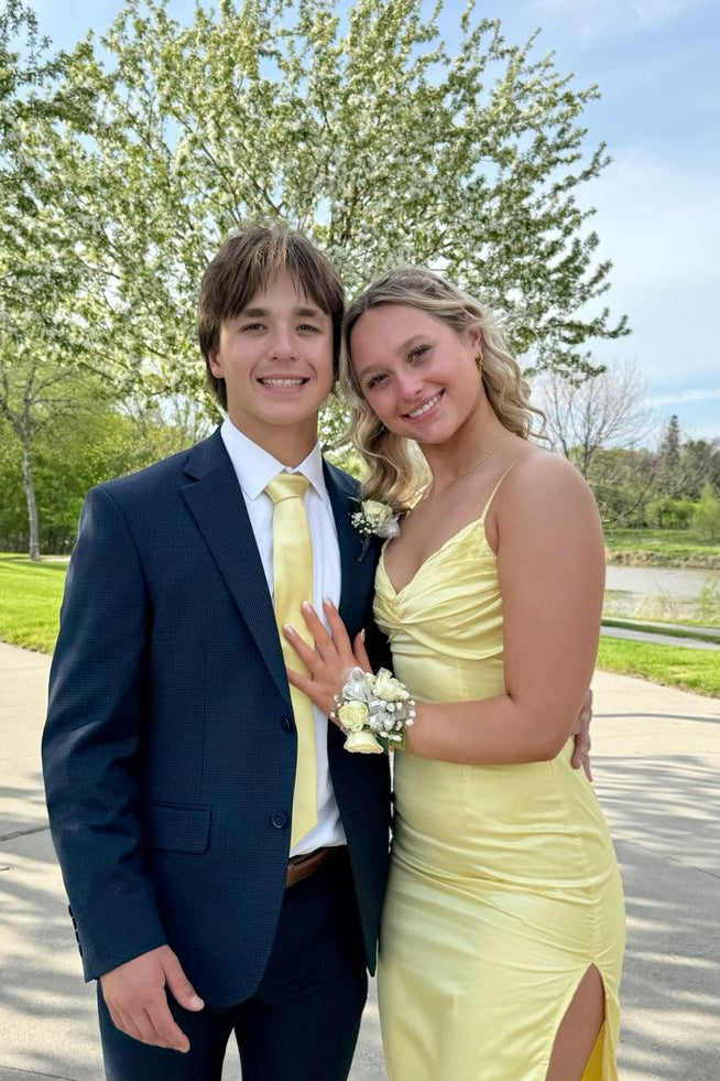 V-neck Yellow Ruched Long Dress with Slit