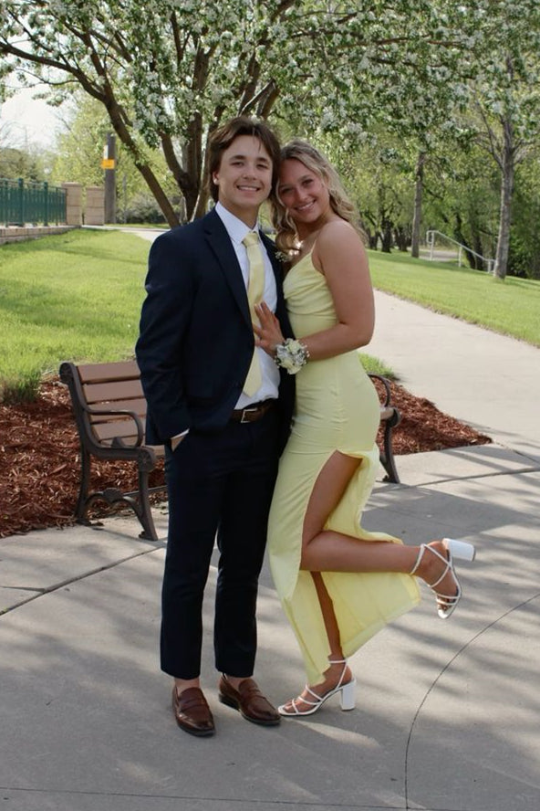 V-neck Yellow Ruched Long Dress with Slit