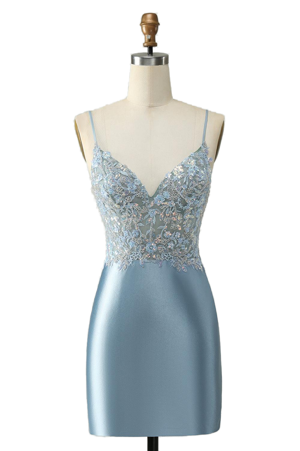 V Neck Dusty Blue Appliques Bodycon Short Dress