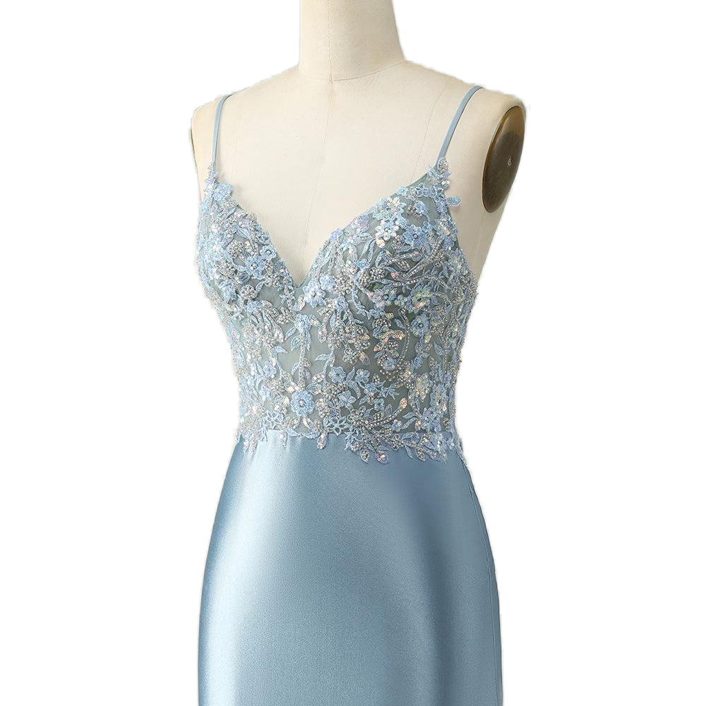 
                      
                        V Neck Dusty Blue Appliques Bodycon Short Dress
                      
                    