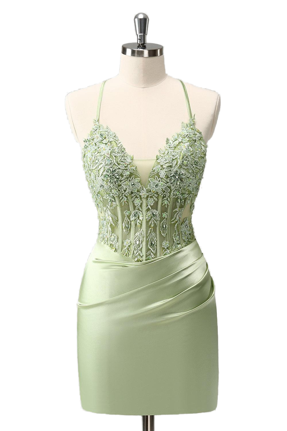 V Neck Green Appliques Bodycon Short Dress