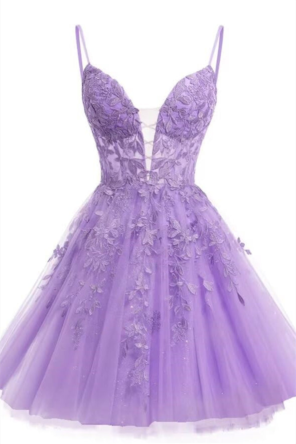 V Neck Lavender Appliques Short Homecoming Dress