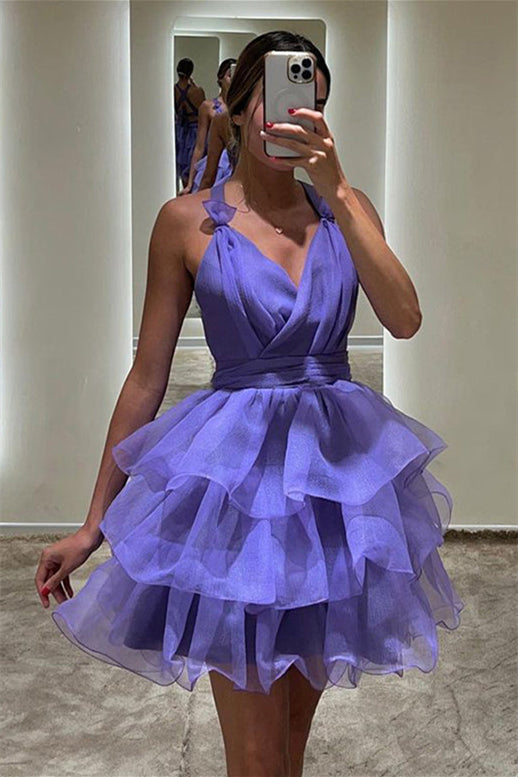 V Neck Purple Tiered A-line Short Dress