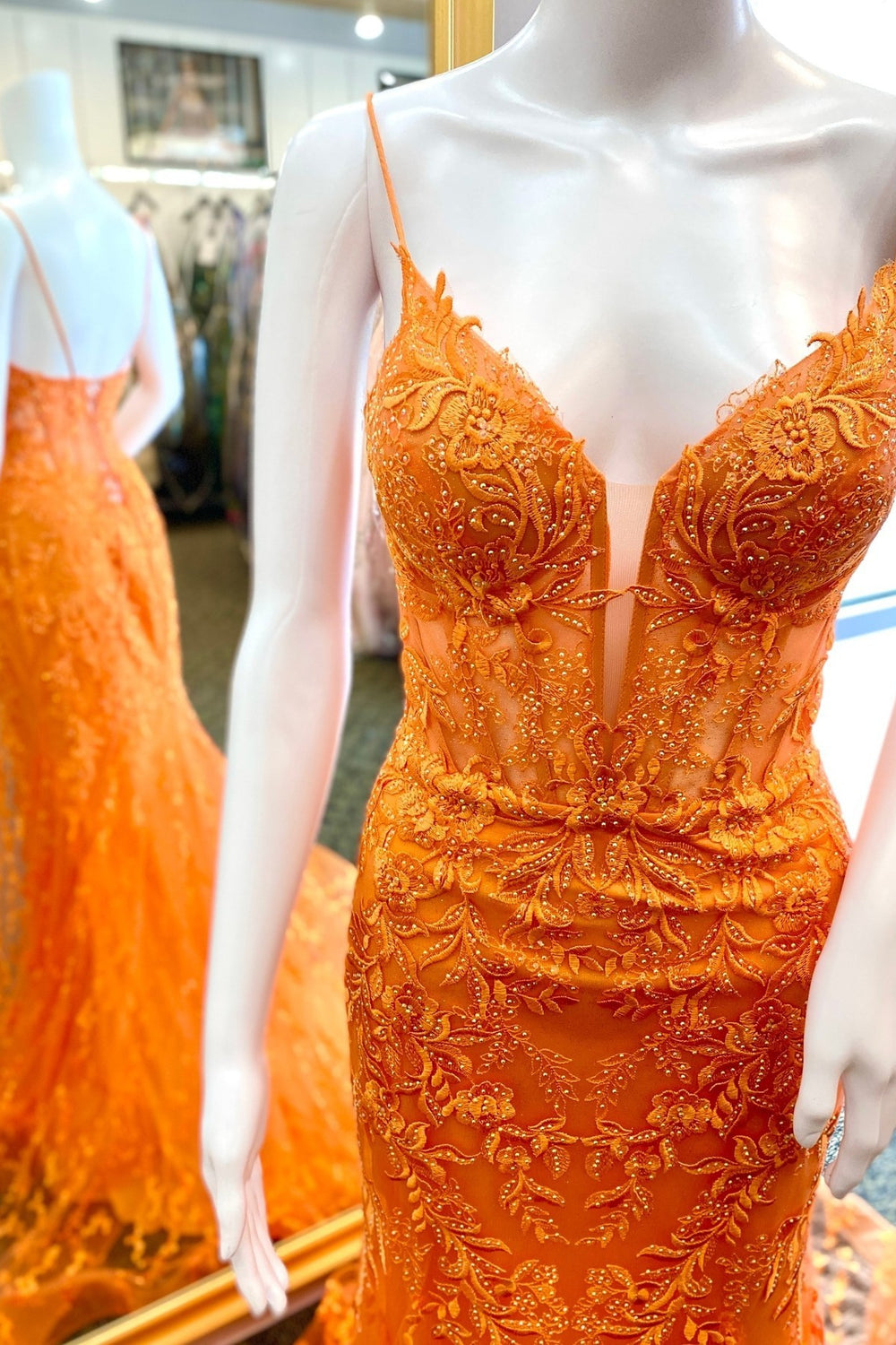 V Neck Orange Appliques Tulle Long Formal Dress