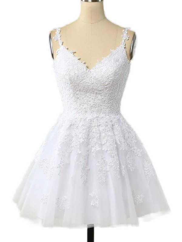 V Neck White Appliques A-line Short Princess Dress