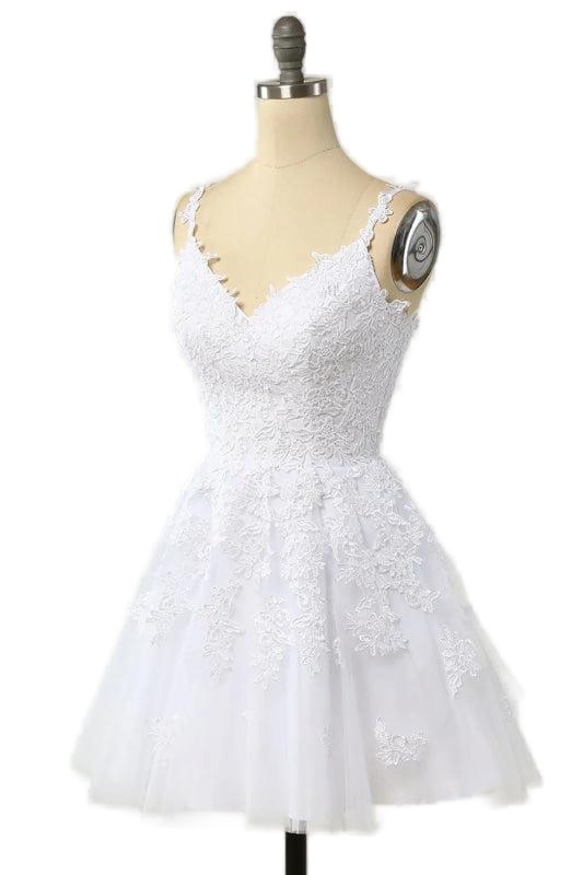 
                      
                        V Neck White Appliques A-line Short Princess Dress
                      
                    