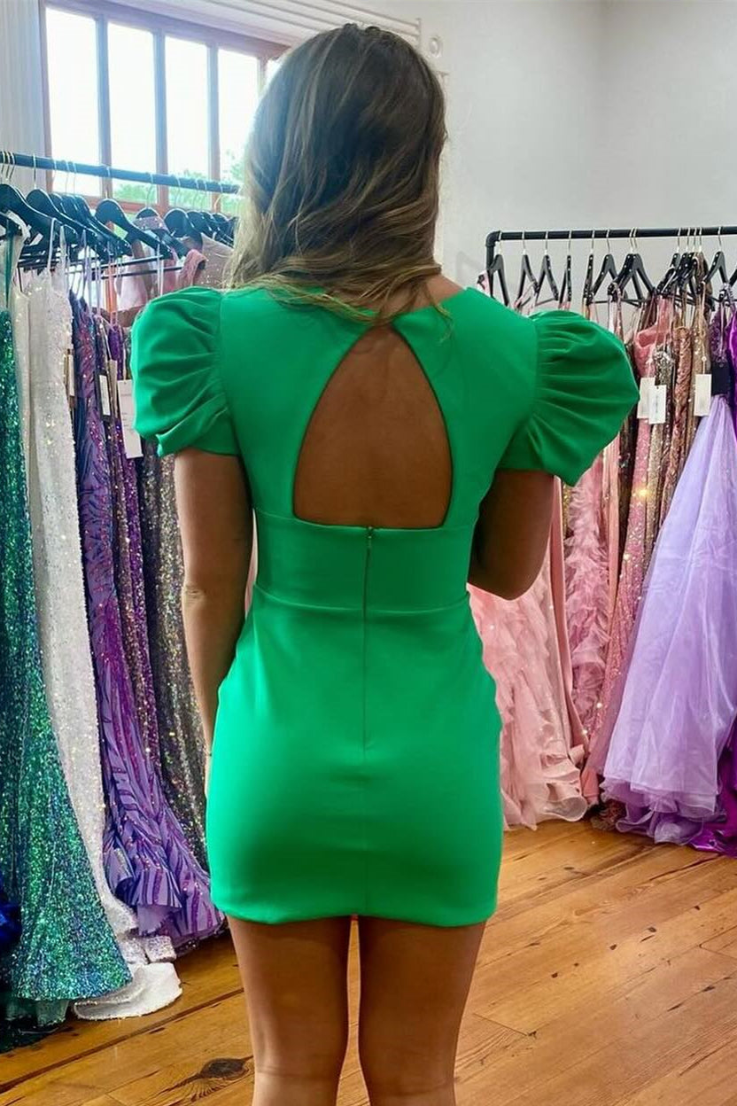 Puff Sleeves Hot Pink Bodycon Short Dress