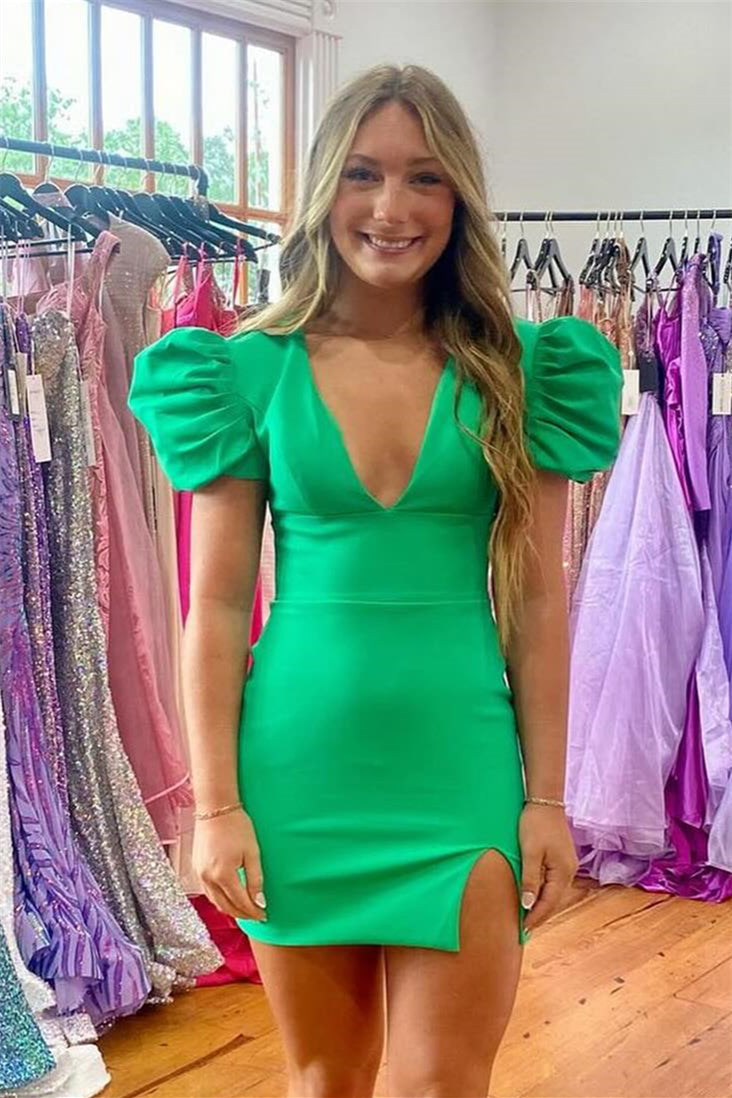 Puff Sleeves Hot Pink Bodycon Short Dress