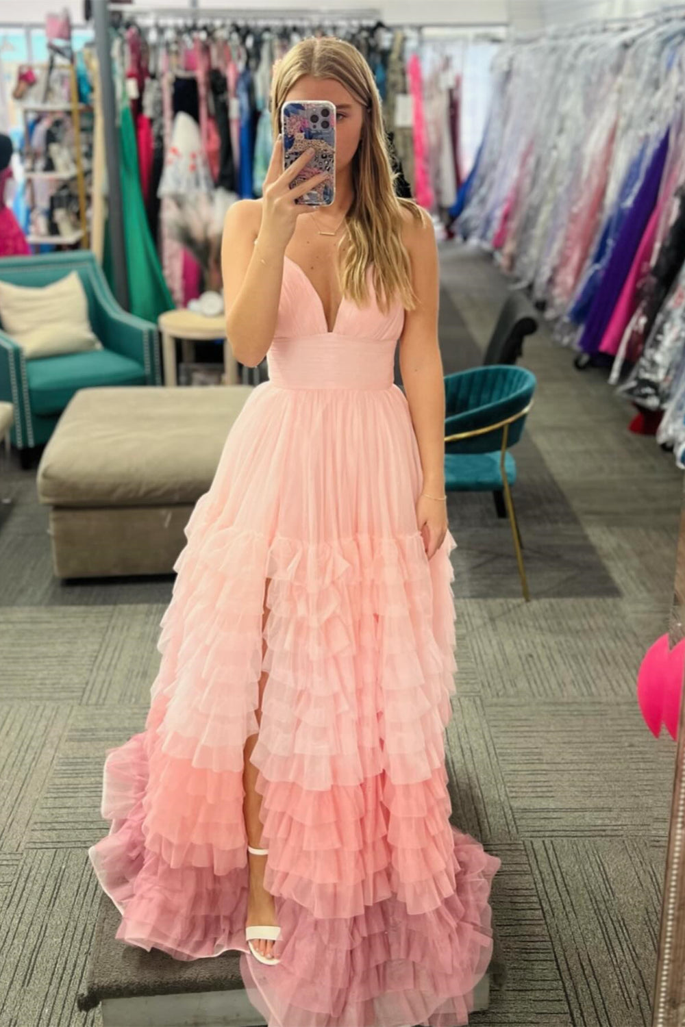 V Neck Pink Tulle Tiered Ruffle Formal Gown