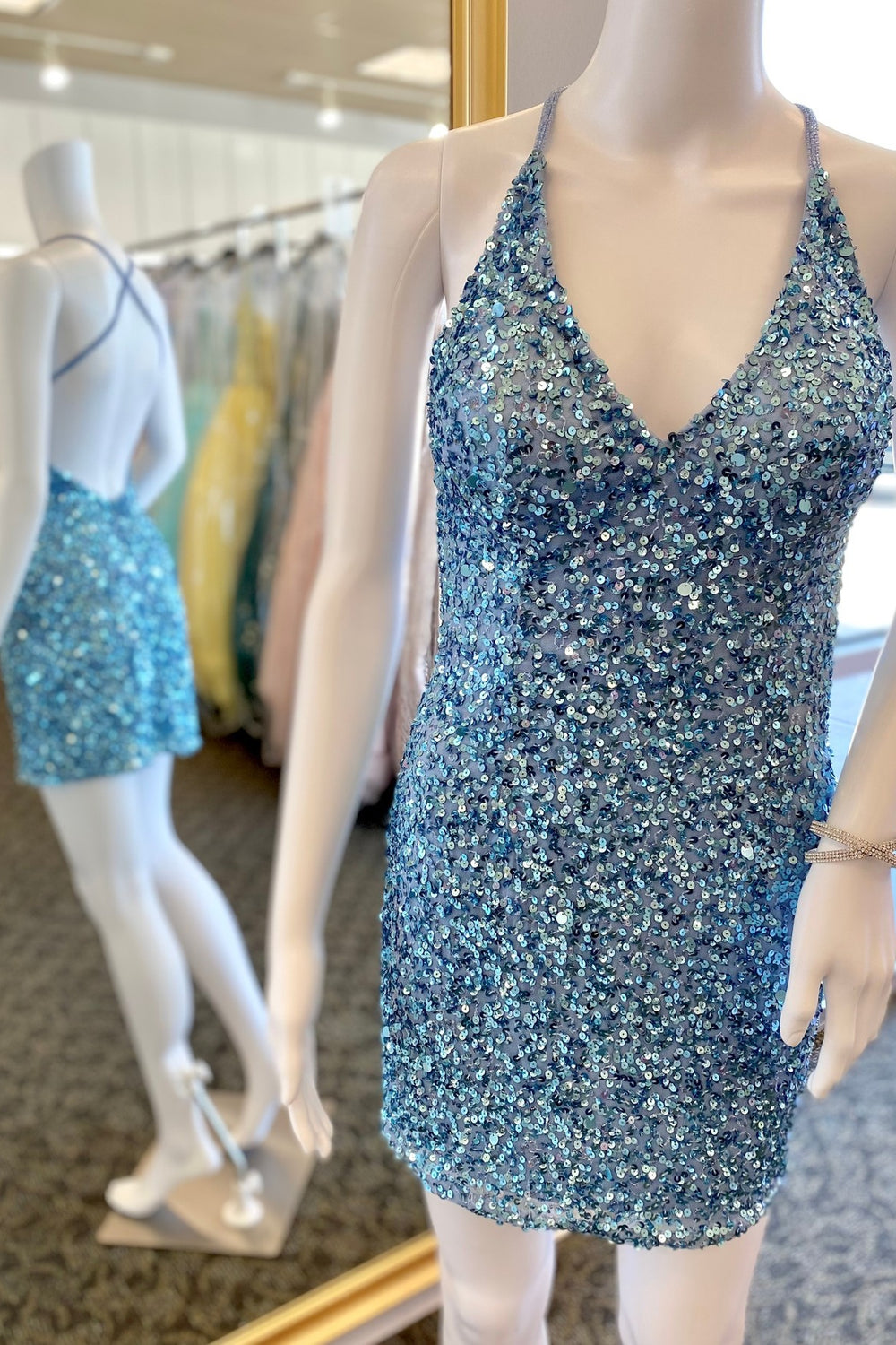 V neck Sky Blue Sequin Tight Short Dress