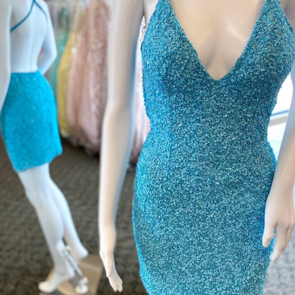 
                      
                        V neck Sky Blue Sequin Tight Short Dress
                      
                    