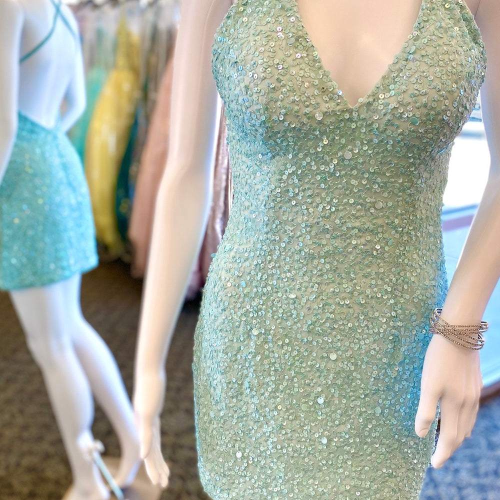 
                      
                        V neck Sky Blue Sequin Tight Short Dress
                      
                    