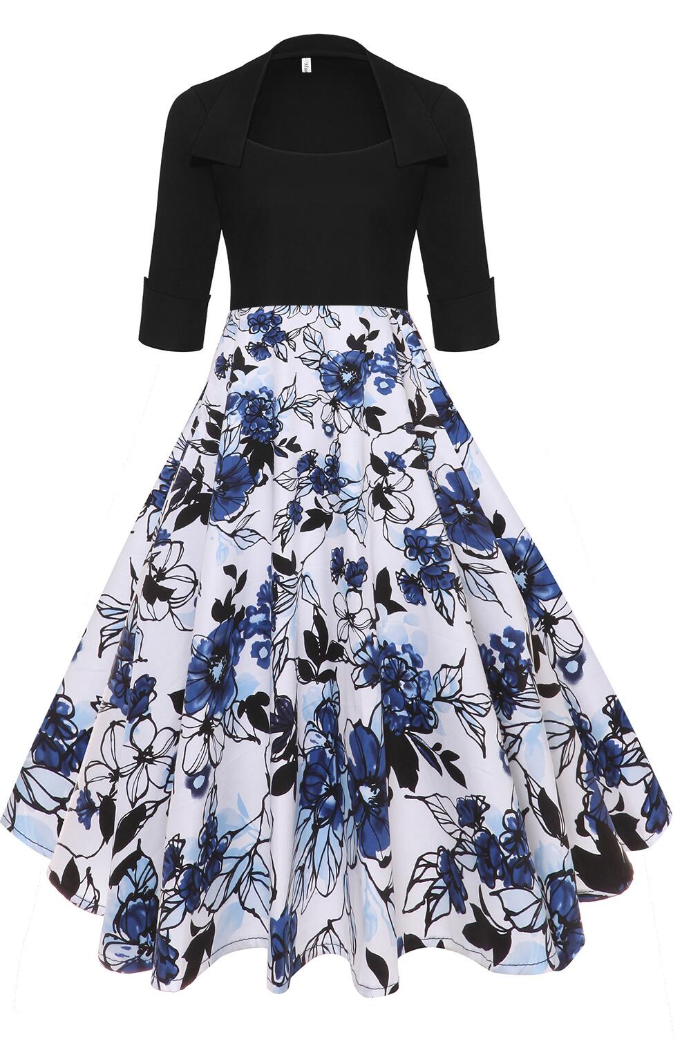 White 1950s Floral Print Half Sleeve Belted Vintage Dress