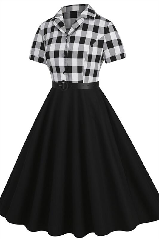 White 1950s Plaid Short Sleeve Vintage Dress