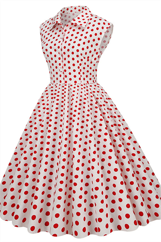 
                      
                        White 1950s Polka Dots Big Swing Dress with Button
                      
                    