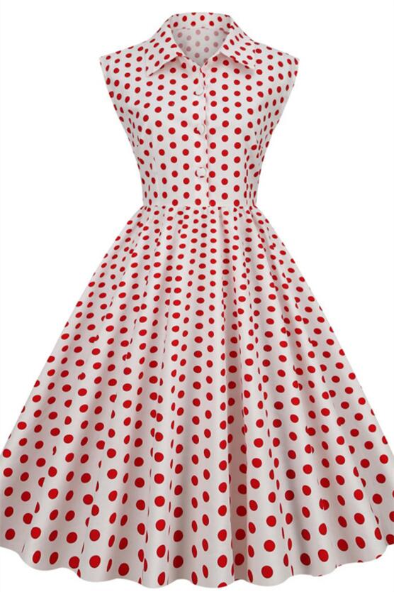 White 1950s Polka Dots Big Swing Dress with Button