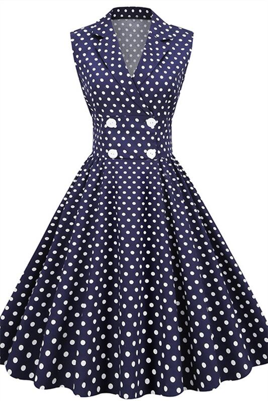 White 1950s Polka Dots Vintage Dress With Button