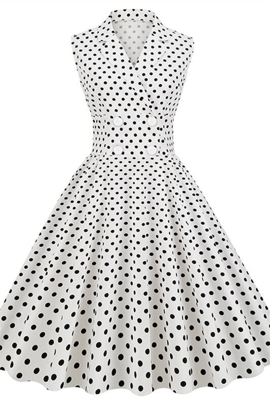 White 1950s Polka Dots Vintage Dress With Button