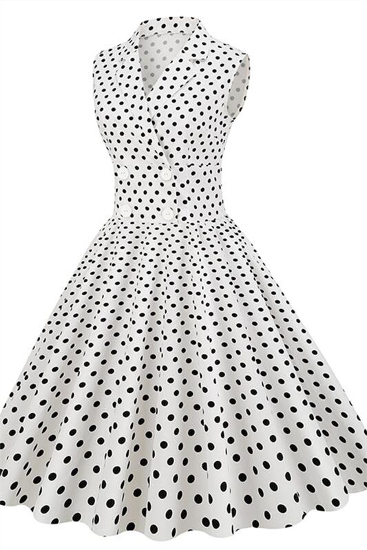 White 1950s Polka Dots Vintage Dress With Button