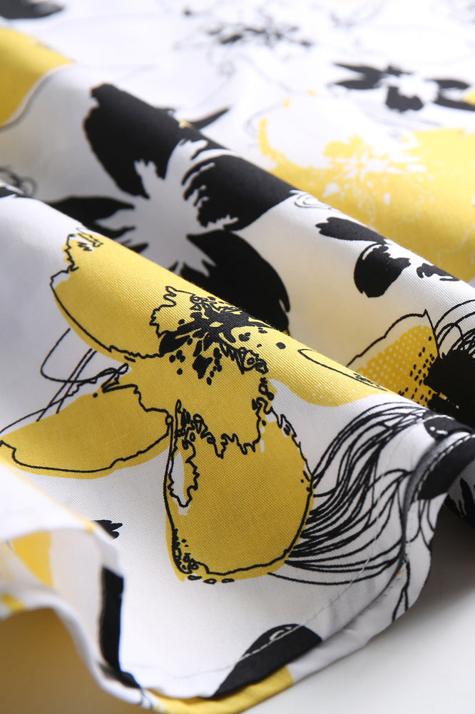 White 1950s Yellow Flower Halter Vintage Dress