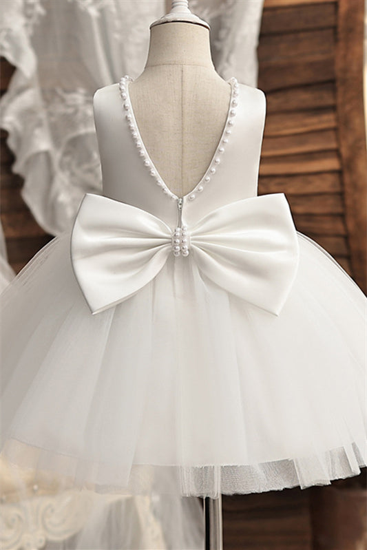 
                      
                        White Back Bow Flower Girl Dress with Pearls
                      
                    