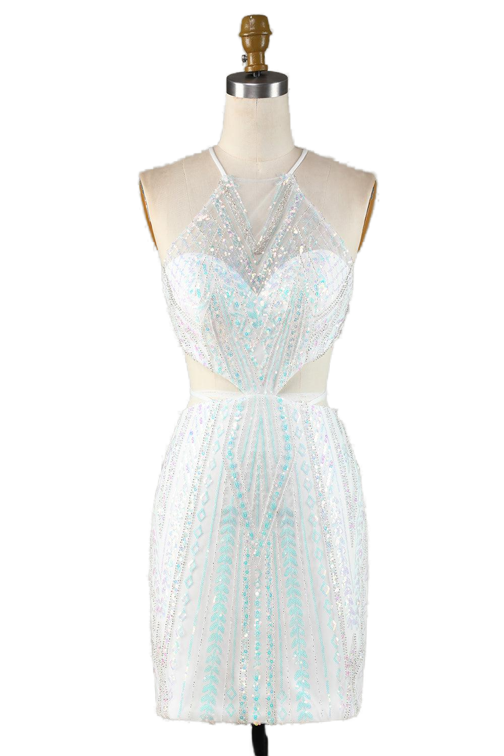 White Sequin Halter Bodycon Short Dress