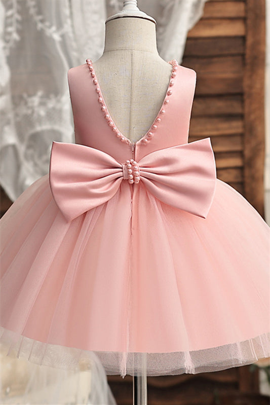 White Back Bow Flower Girl Dress with Pearls