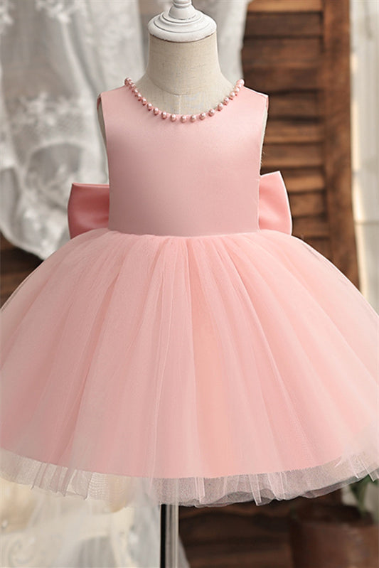 
                      
                        White Back Bow Flower Girl Dress with Pearls
                      
                    