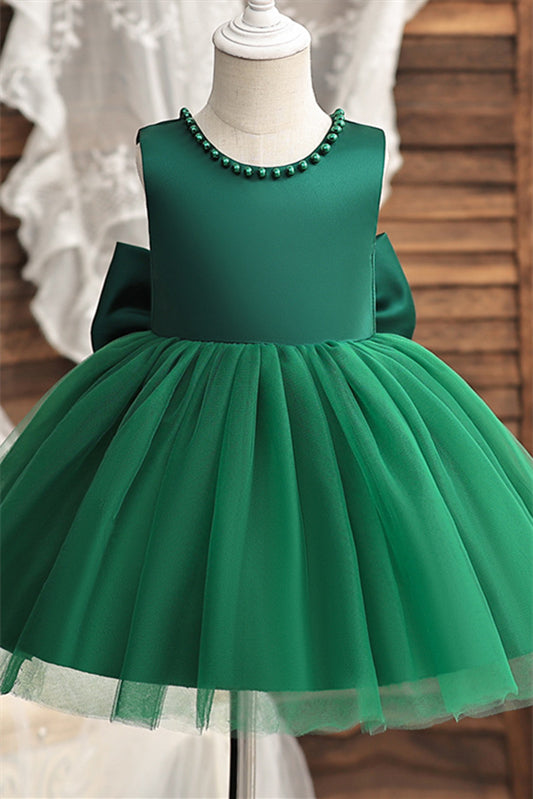 White Back Bow Flower Girl Dress with Pearls
