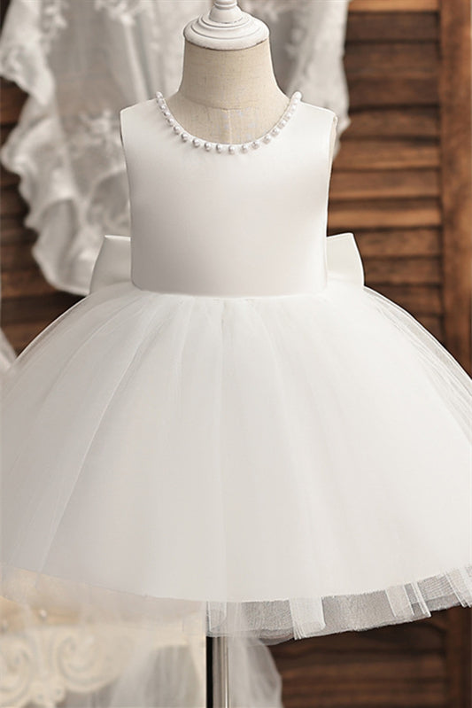 White Back Bow Flower Girl Dress with Pearls