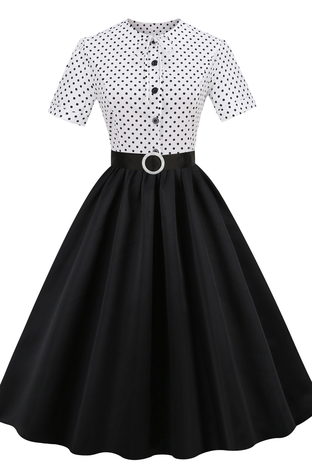 White and Black 1950s Polka Dots Belted Vintage Dress