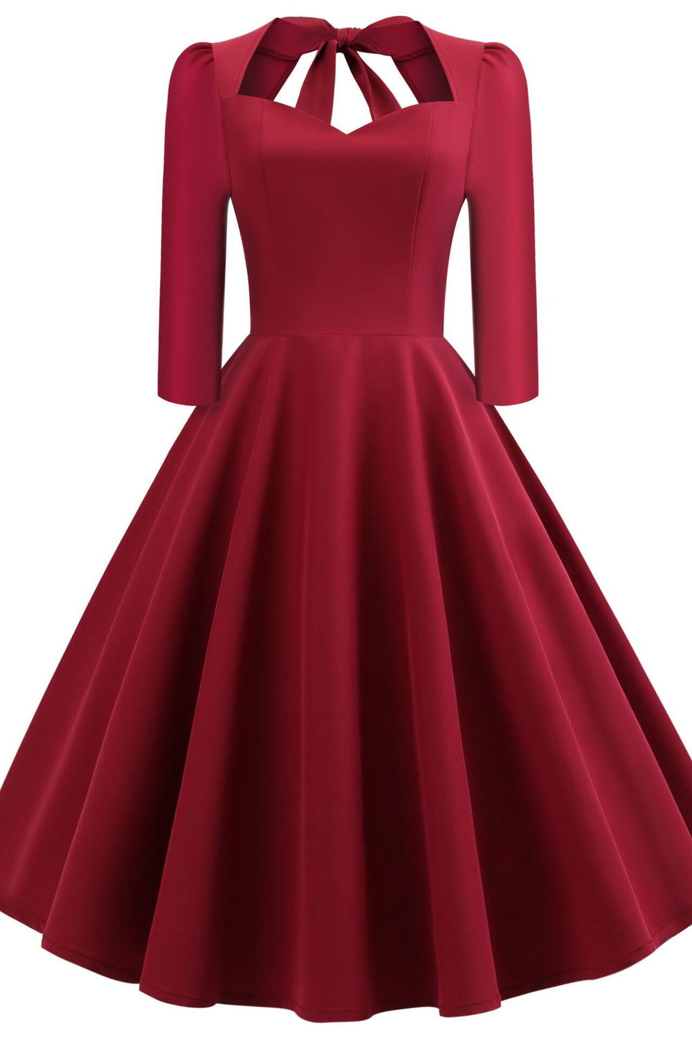 Wine Red 1950s 3/4 Sleeve Big Swing Dress