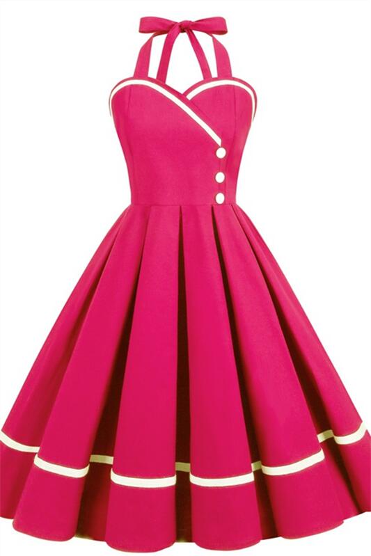 
                      
                        Wine Red 1950s Button Front Halter Neck Swing Dress
                      
                    