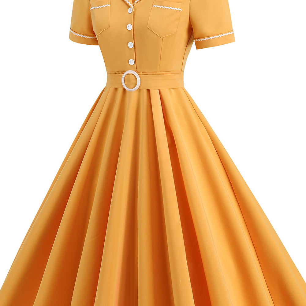 
                      
                        Yellow 1950s Button Front Swing Dress with Pockets
                      
                    