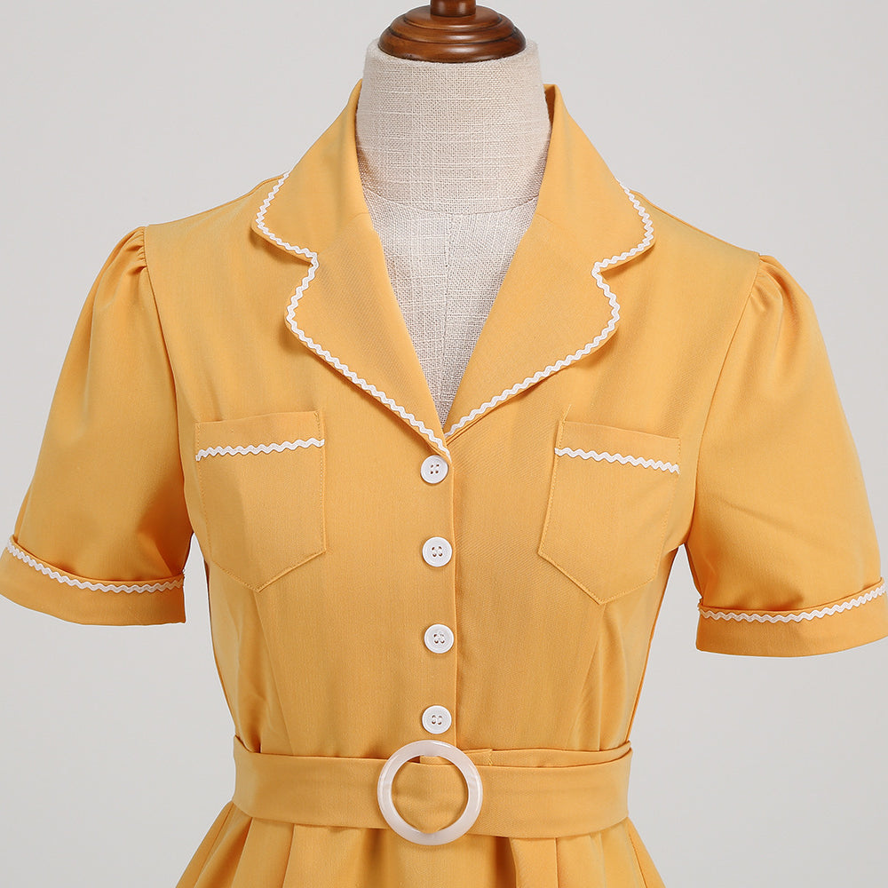 
                      
                        Yellow 1950s Button Front Swing Dress with Pockets
                      
                    