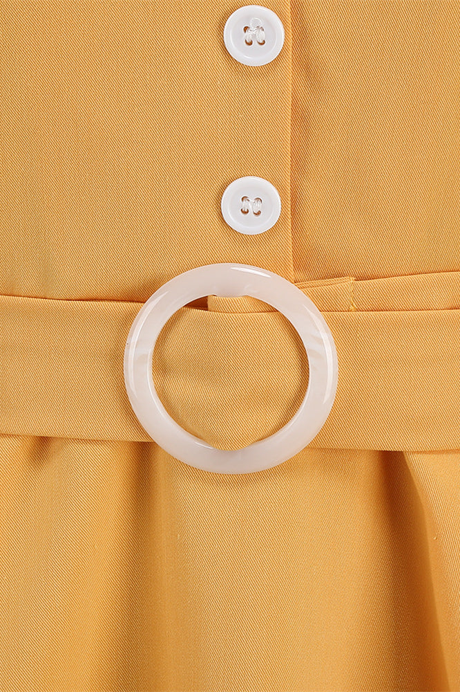 
                      
                        Yellow 1950s Button Front Swing Dress with Pockets
                      
                    