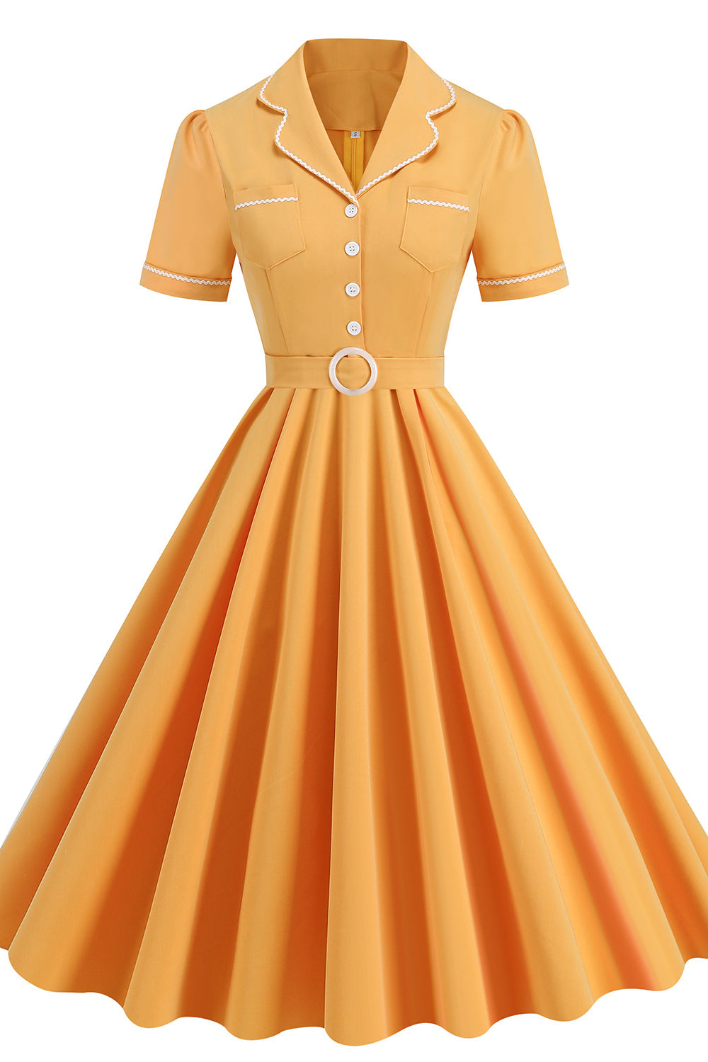 Yellow 1950s Button Front Swing Dress with Pockets