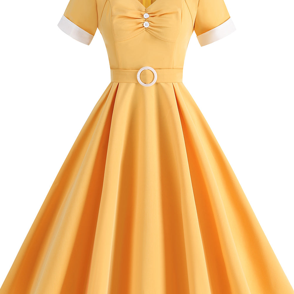 
                      
                        Yellow 1950s Ruched Short Sleeve Vintage Dress
                      
                    