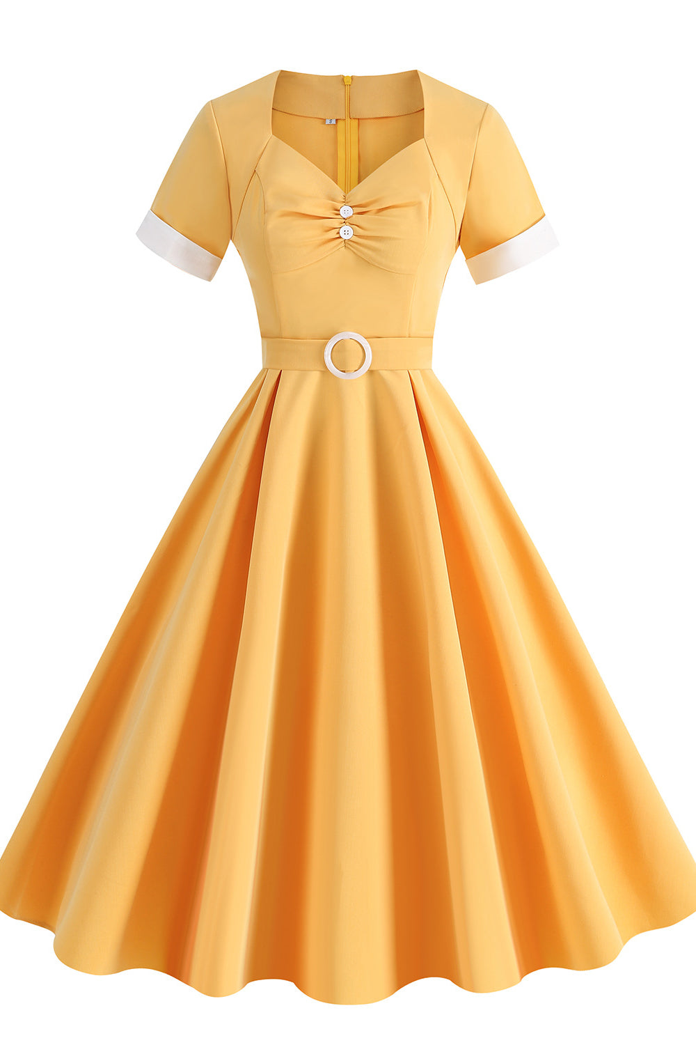 Yellow 1950s Ruched Short Sleeve Vintage Dress