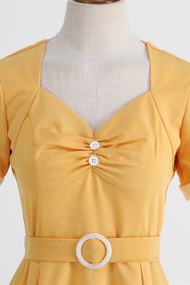Yellow 1950s Ruched Short Sleeve Vintage Dress