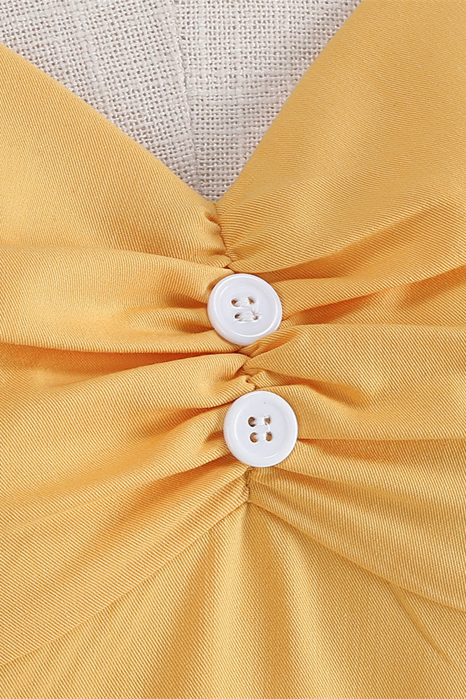 Yellow 1950s Ruched Short Sleeve Vintage Dress