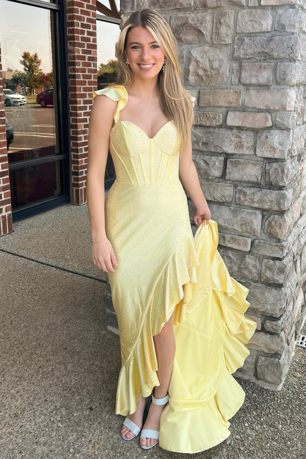 Yellow Beaded Ruffle Hem Long Dress with Slit