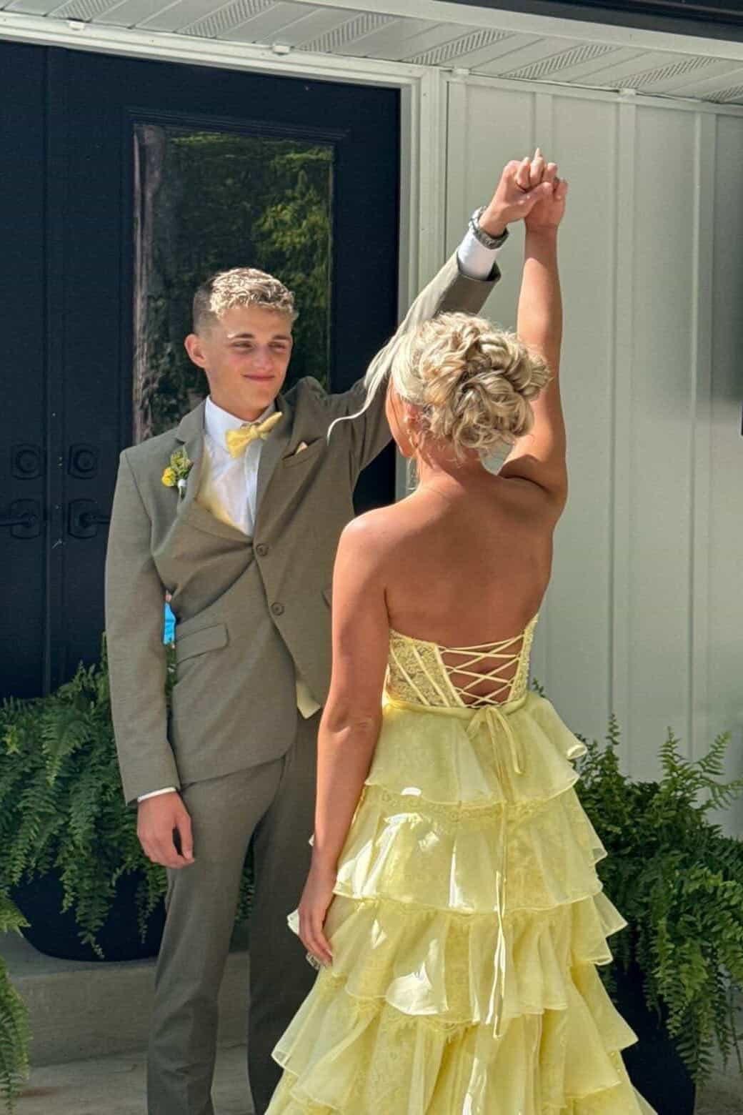 Yellow Appliques Tiered Long Dress with Bow
