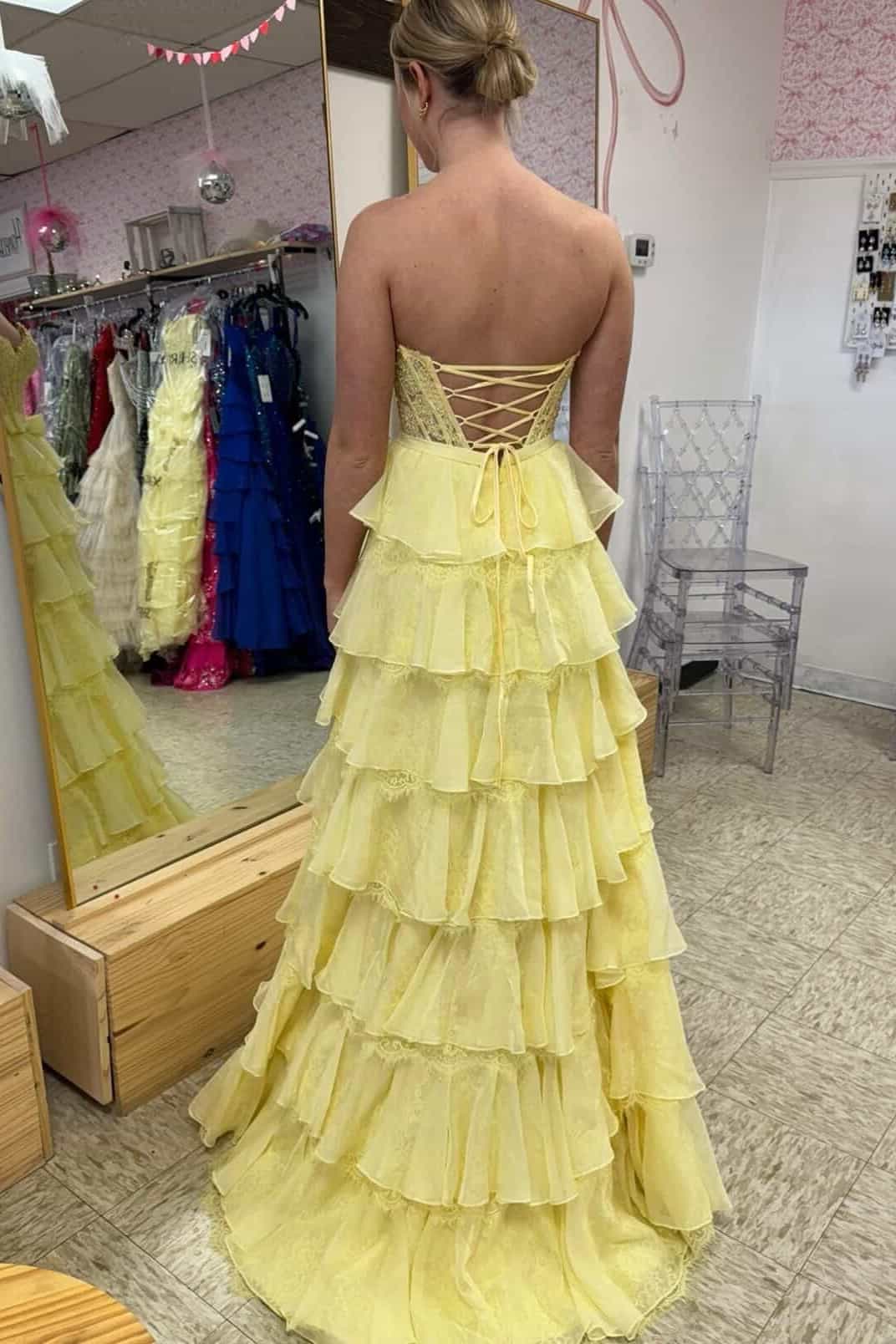 Yellow Appliques Tiered Long Dress with Bow