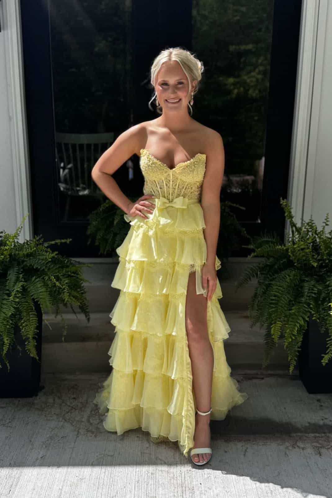 Yellow Appliques Tiered Long Dress with Bow
